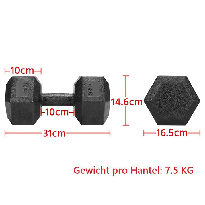Kurzhantel-Set 2x7,5 kg Gusseisen mit PVC-Beschichtung sechseckig - Bild 3
