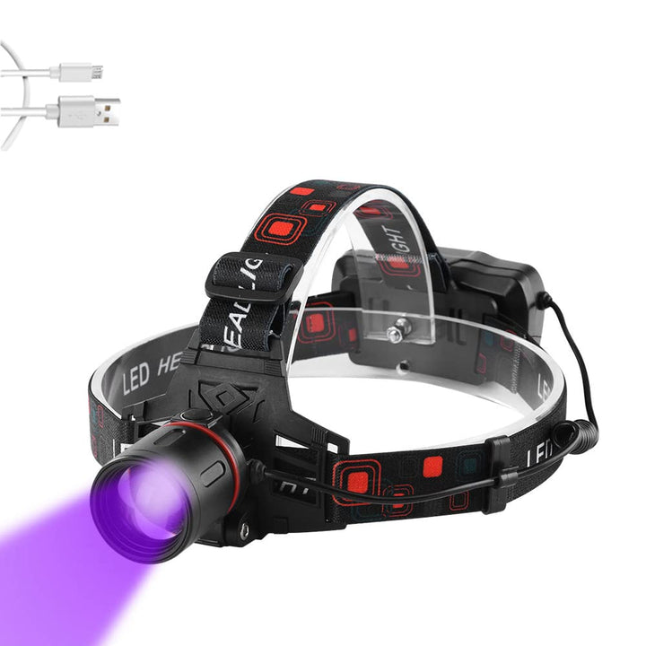 UV Stirnlampe Schwarzlicht 395 nm mit Weisslicht zoombar USB