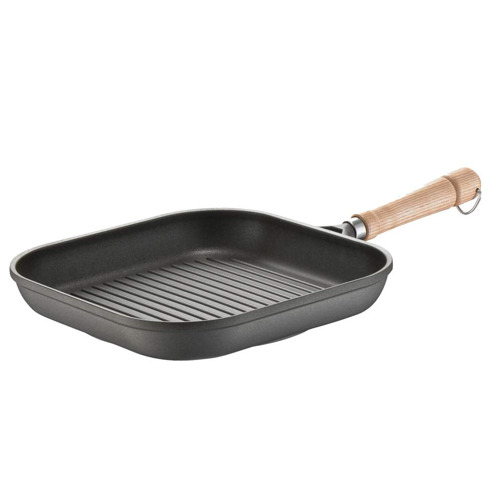 Grillpfanne Aluguss eckig 28x28 cm mit Holzstiel, antihaftversiegelt
