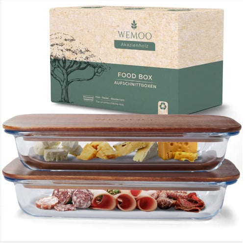 Aufschnittbox 2er Set Glas & Akazienholz stapelbar für Kühlschrank