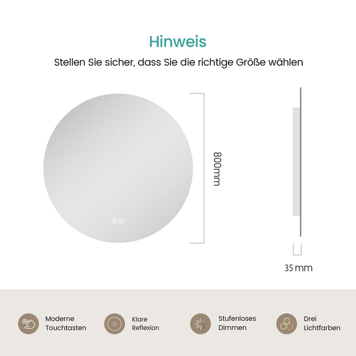 Badspiegel Rund mit LED-Beleuchtung dimmbar 80 cm rahmenlos - Bild 6