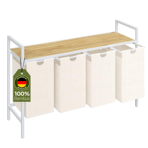 Wäschesammler 4 Fächer à 40L Eisen/Bambus mit Ablage Weiss
