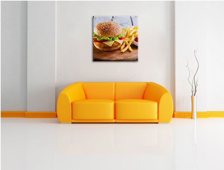 Leinwandbild Chickenburger mit Pommes quadratisch 70x70 cm - Bild 2