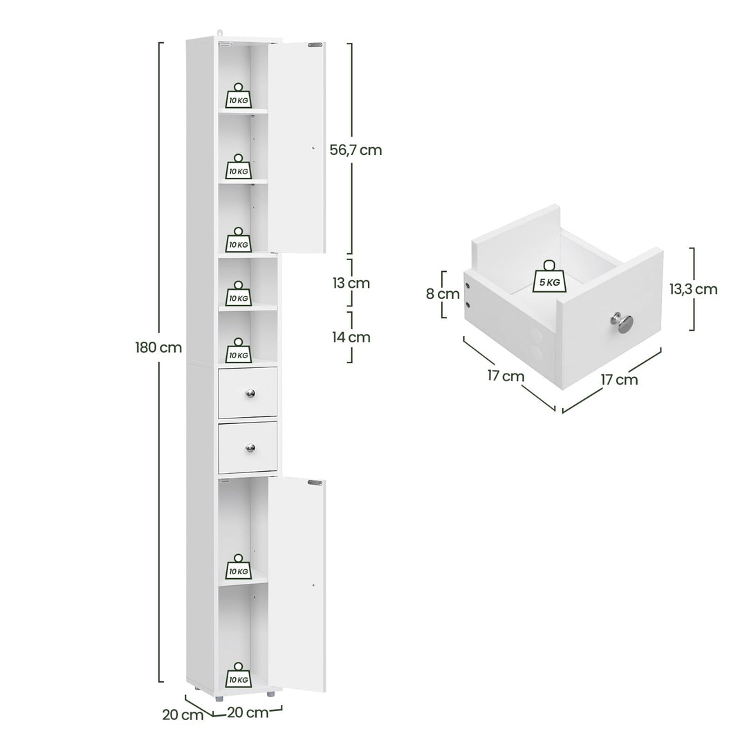 Badezimmerschrank Schmal Hoch 20 cm Weiss mit Schubladen und Tueren - Bild 3