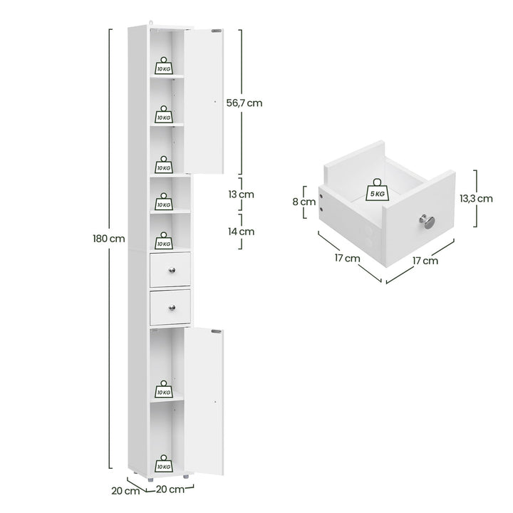 Badezimmerschrank Schmal Hoch 20 cm Weiss mit Schubladen und Tueren - Bild 3