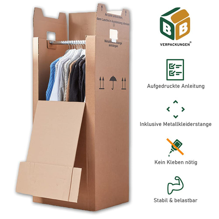 Kleiderbox Karton mit Metallstange 612x522x1370mm 2-wellig 3er-Set - Bild 3