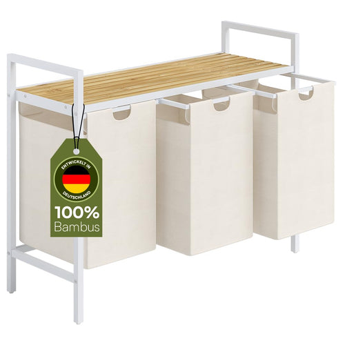 Wäschesammler 3 Fächer à 40L mit Bambusablage Weiss