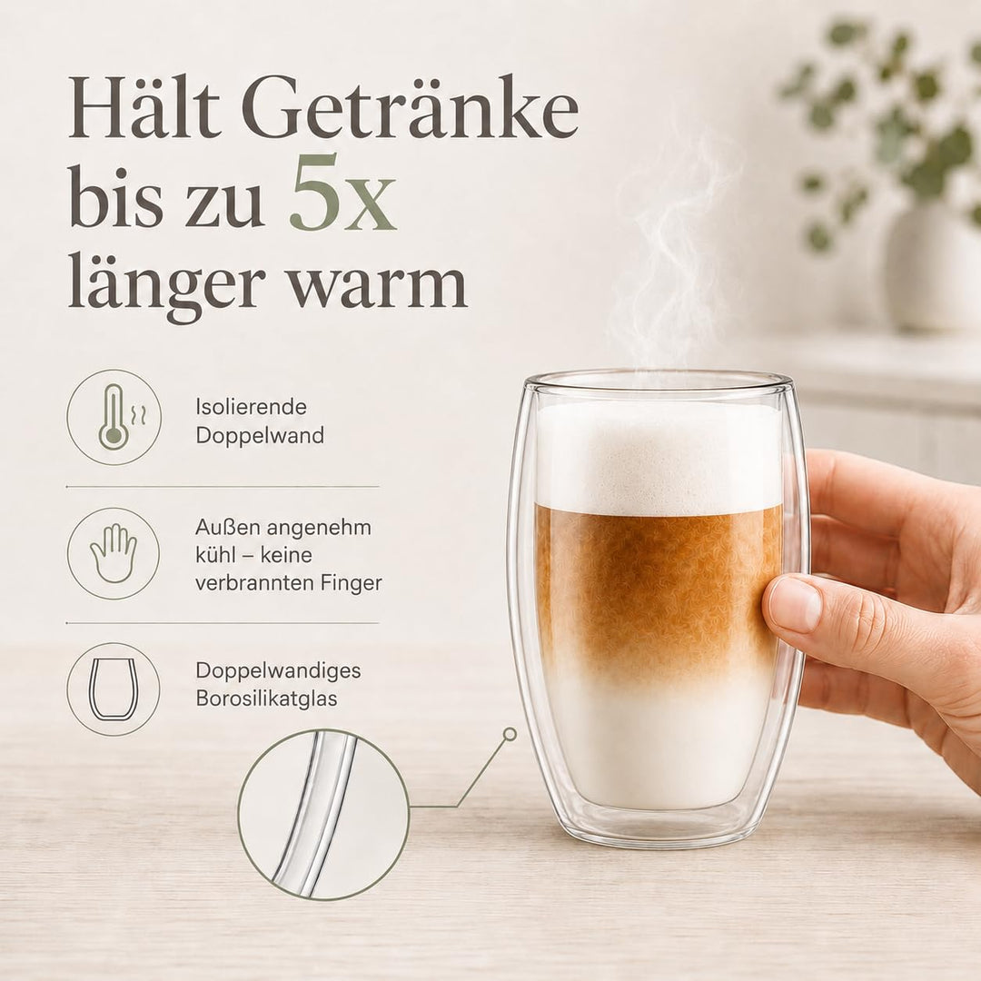 Doppelwandige Kaffeegläser Borosilikatglas 6er Set 450ml Thermogläser - Bild 2
