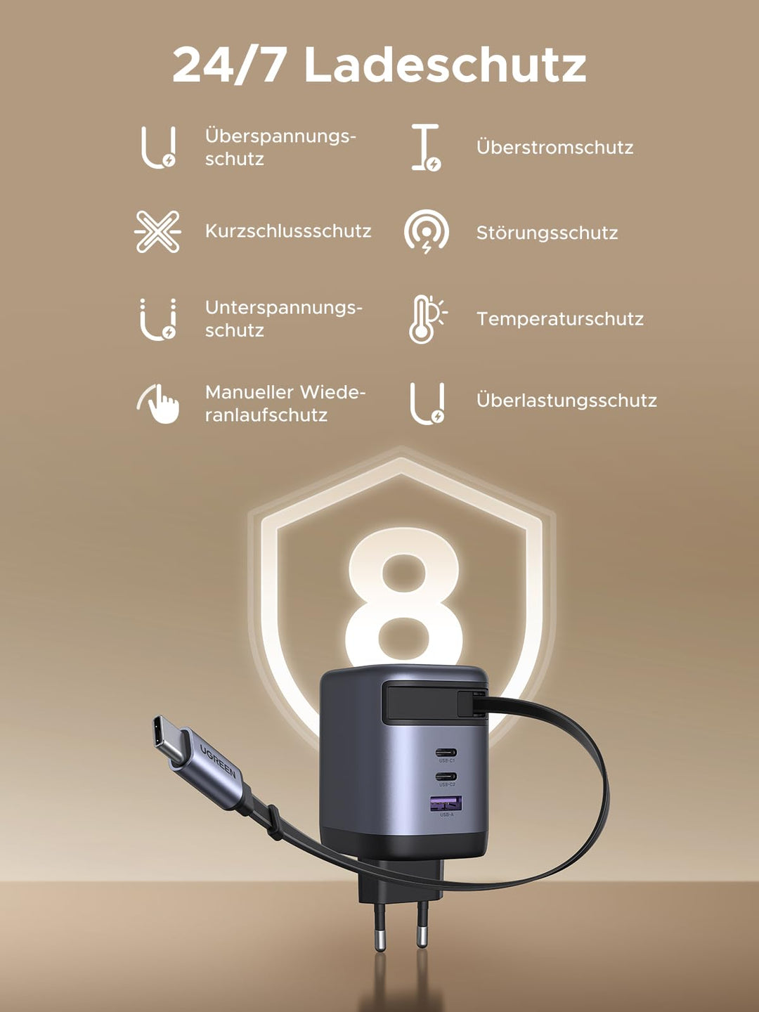 USB-C Ladegerät 100W GaN 4-Port mit einziehbarem Kabel 75cm - Bild 7