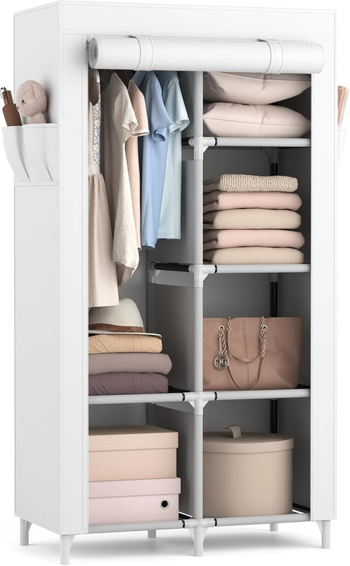 Stoff-Kleiderschrank mit Kleiderstange 6 Fächer 84x42x162 cm Weiss