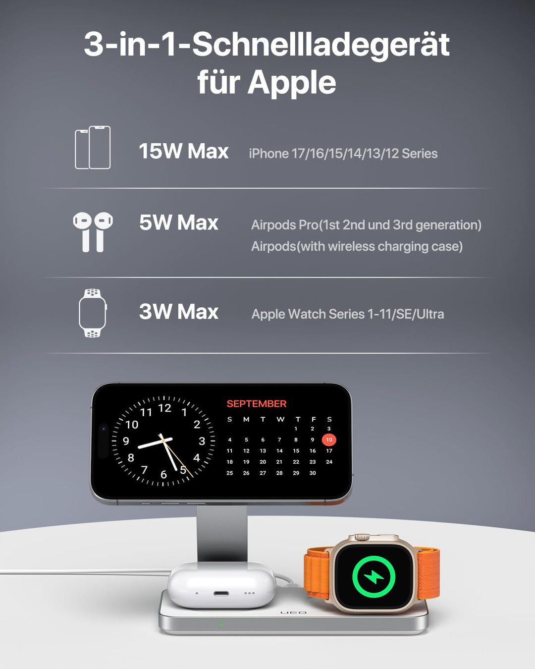 3-in-1 Ladestation Qi2.2 25W fuer iPhone, Apple Watch und AirPods - Bild 5