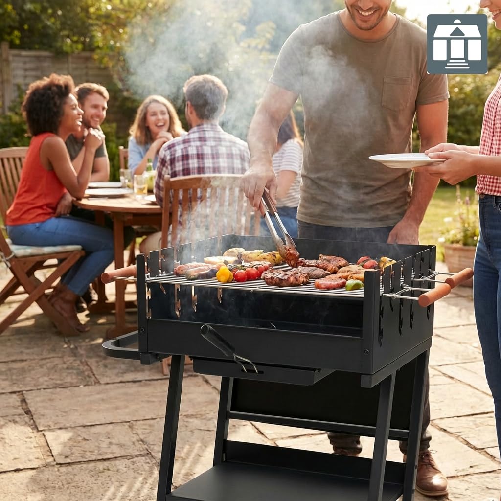 Holzkohlegrill Stahl mit 2 höhenverstellbaren Rosten und Rollen - Bild 10