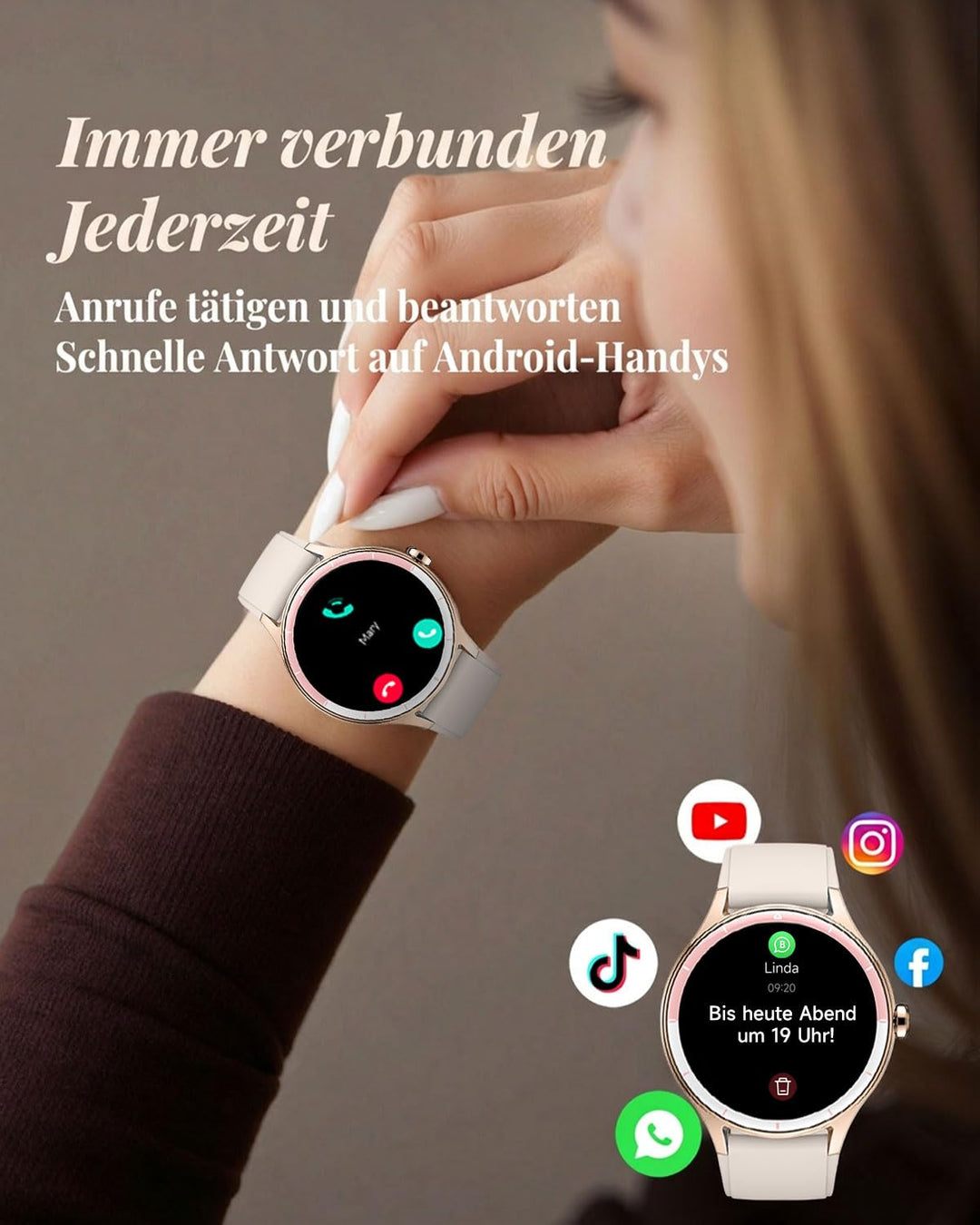 Smartwatch Damen 40mm rund, 100+ Sportmodi, IP68, Beige - Bild 3