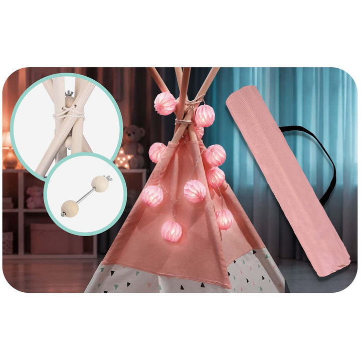 Kinderzelt Tipi Baumwolle mit Kissen Girlande Isoliermatte Rosa - Bild 3