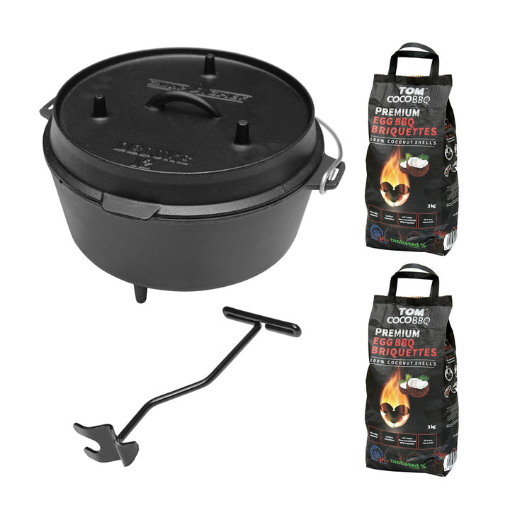 Dutch Oven Gusseisen 6,6 L mit Deckellifter und Kokoskohle Set