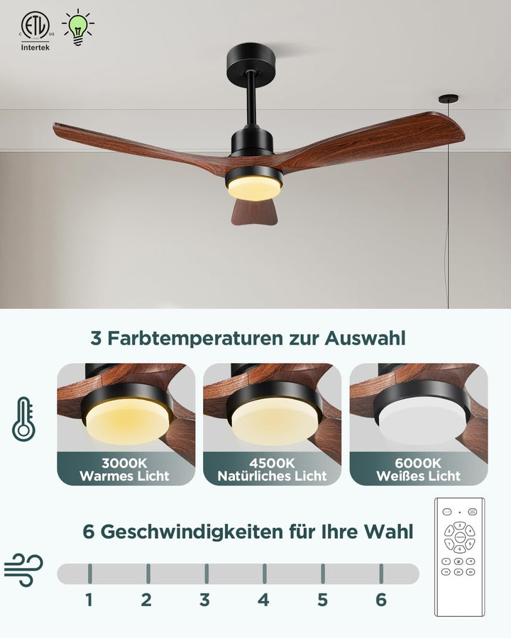 Deckenventilator mit Licht Holzflügel 132cm 6 Stufen Fernbedienung - Bild 3