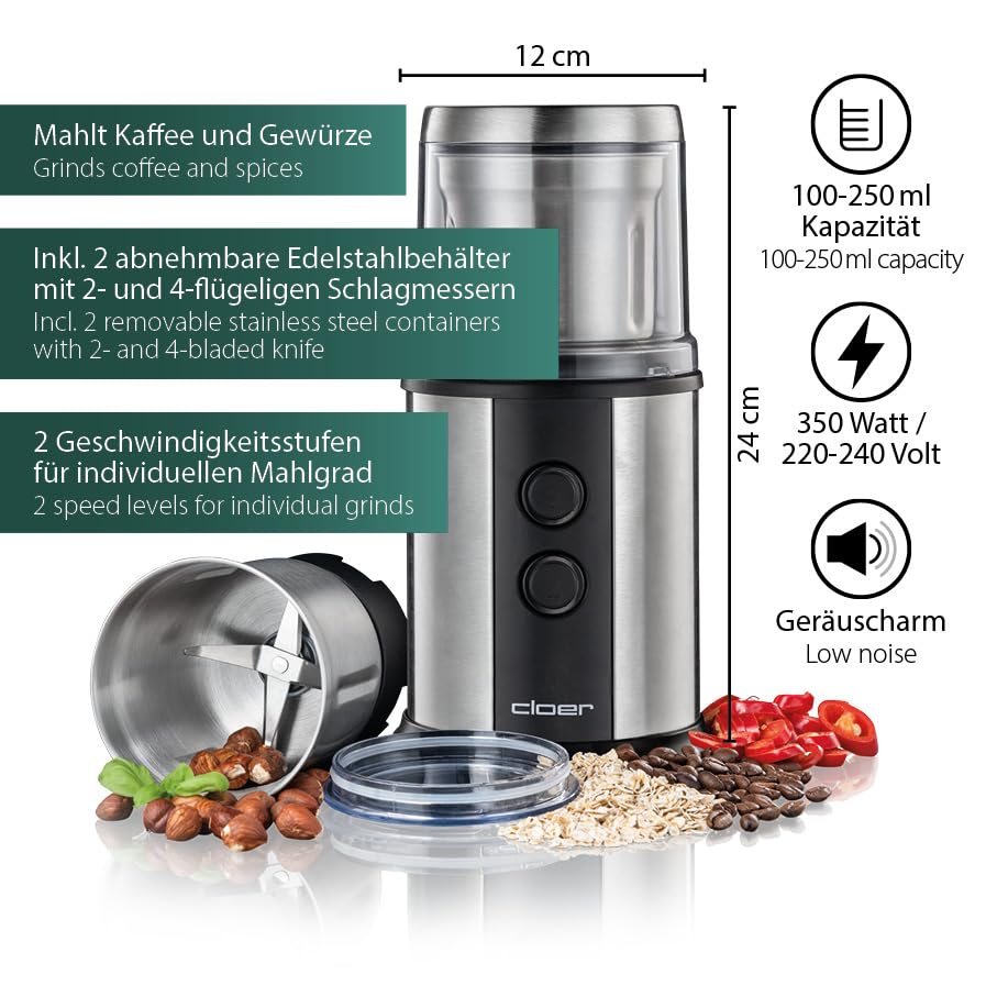 Elektrische Kaffee- und Gewürzmühle 350W 2 Edelstahlbehälter - Bild 3