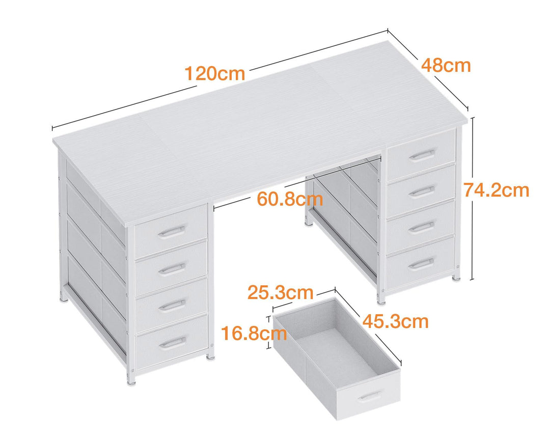 Schreibtisch mit 8 Stoffschubladen 120x48 cm Weiss