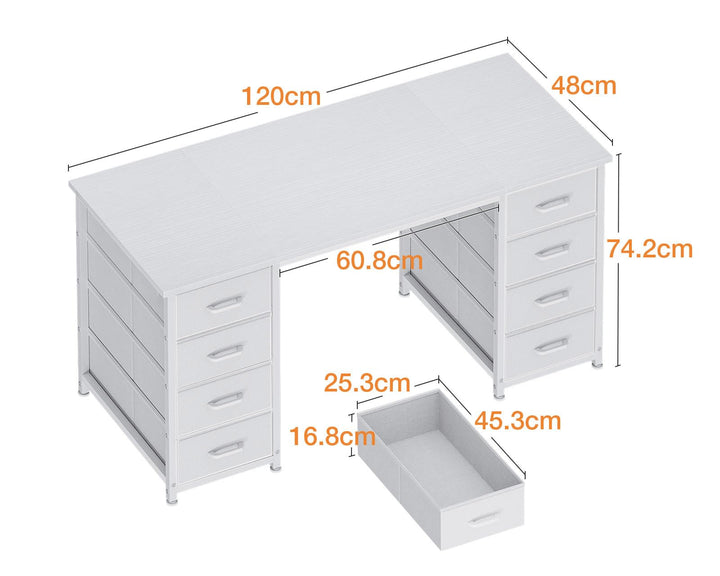 Schreibtisch mit 8 Stoffschubladen 120x48 cm Weiss