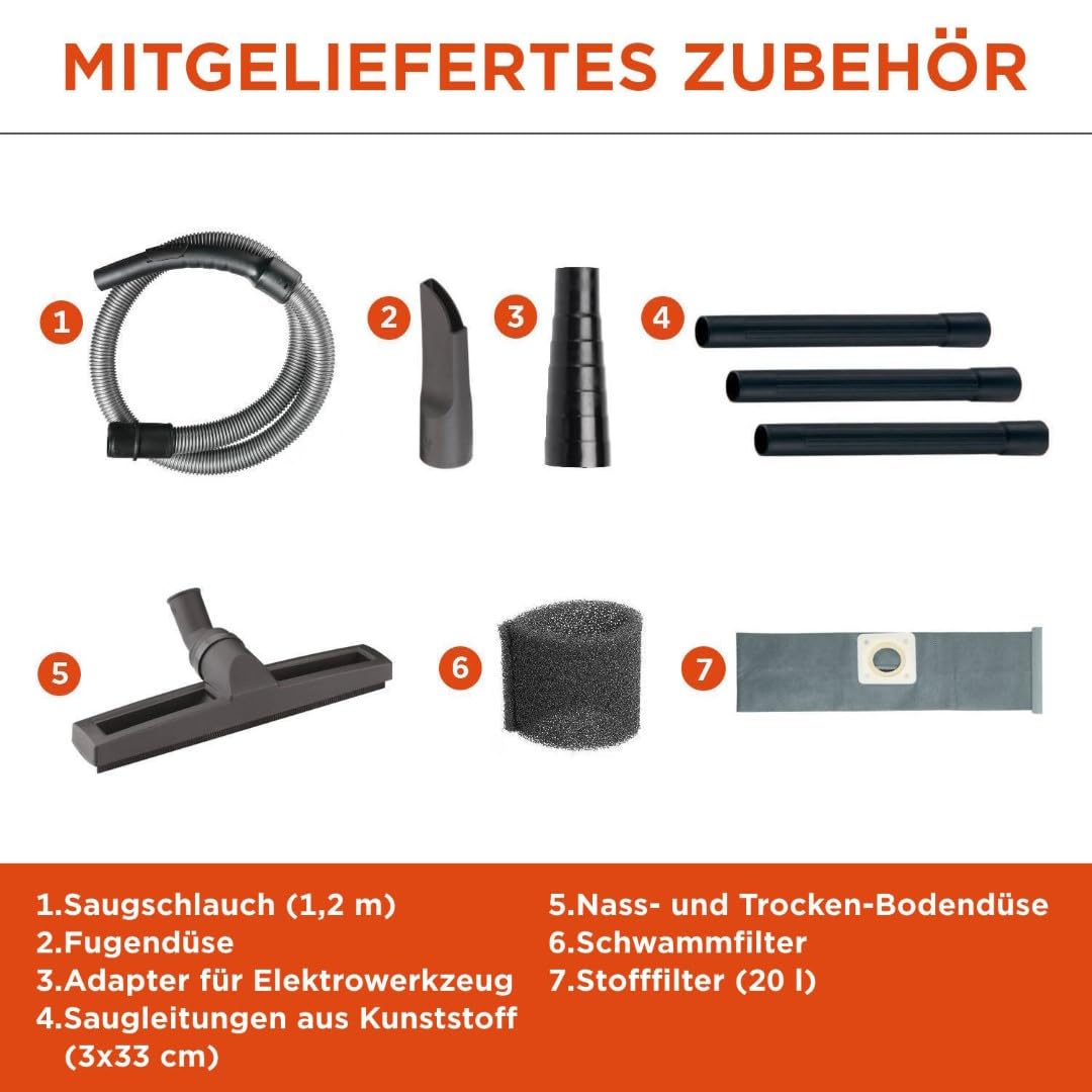 Nass- und Trockensauger 20 Liter 1200 W mit Steckdose für Elektrowerkzeug - Bild 3