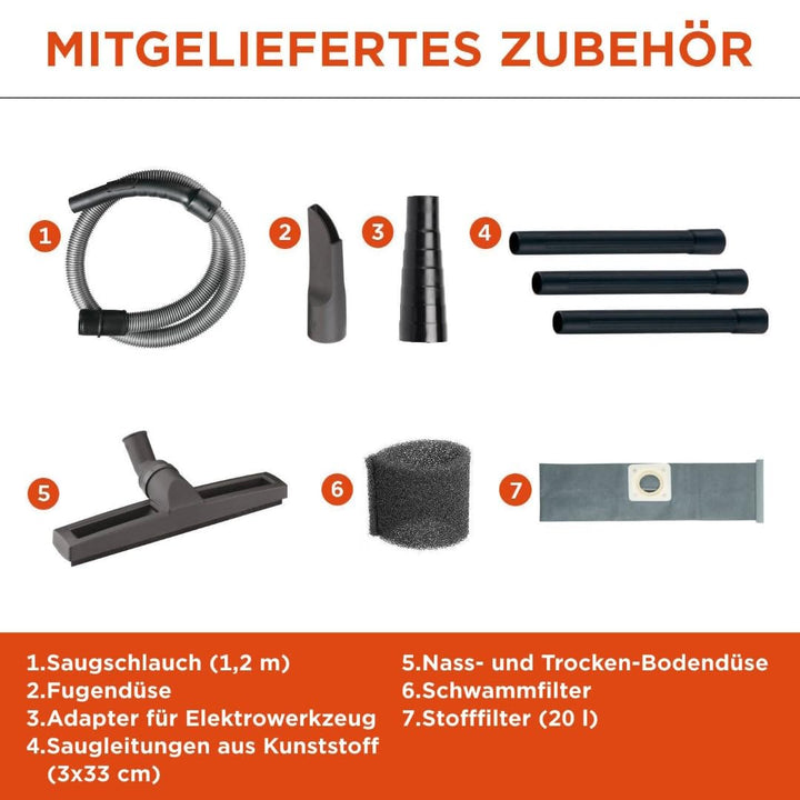 Nass- und Trockensauger 20 Liter 1200 W mit Steckdose für Elektrowerkzeug - Bild 3