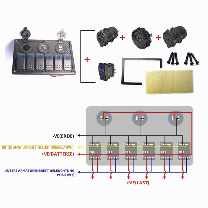 Schalttafel 6-fach 12V-24V IP65 mit USB, Voltmeter und Zigarettensteckdose - Bild 4