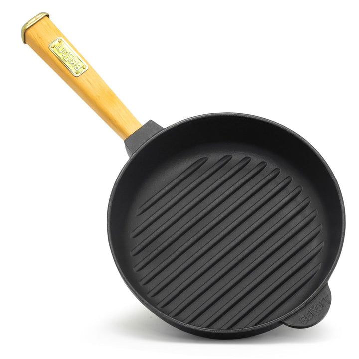 Grillpfanne Gusseisen 28 cm mit abnehmbarem Holzgriff, induktionsgeeignet