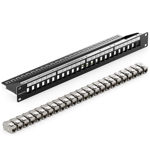 Patchpanel 24 Port CAT6a Set mit Keystone Modulen 19 Zoll 1HE