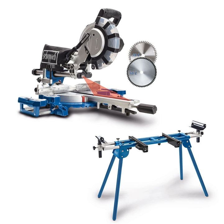Kapp- und Gehrungssäge 2200W Ø254mm mit Laser und Untergestell
