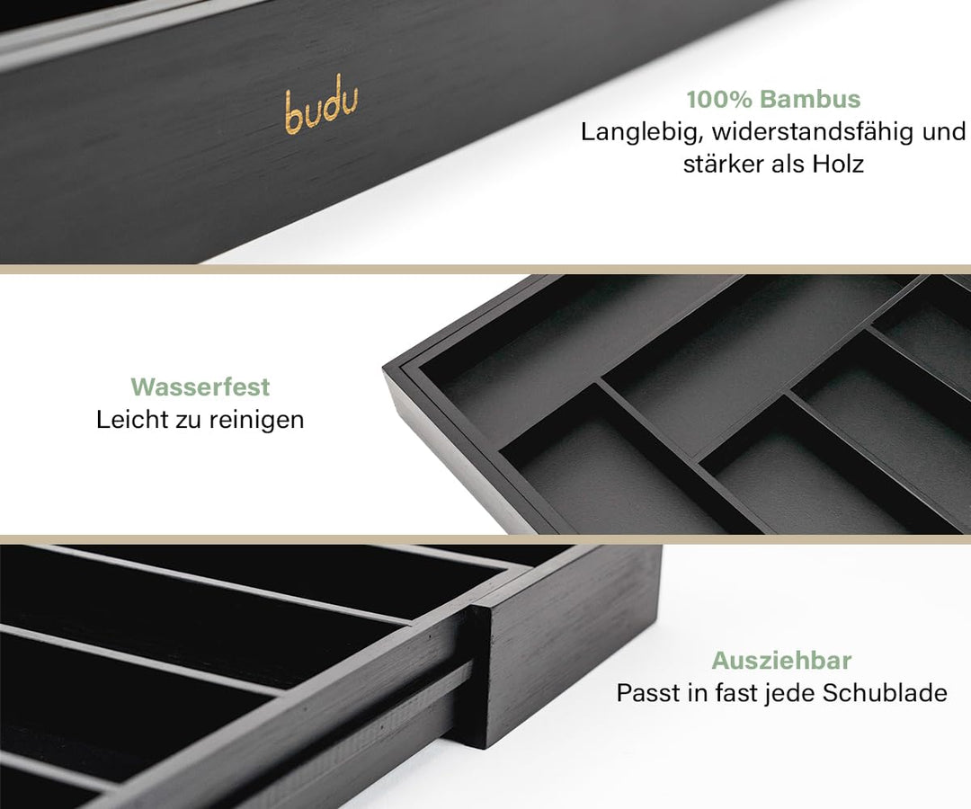 Besteckkasten Bambus ausziehbar 30-50x47x5 cm Schwarz - Bild 4