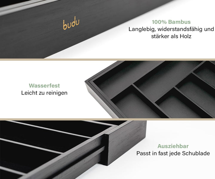 Besteckkasten Bambus ausziehbar 30-50x47x5 cm Schwarz - Bild 4