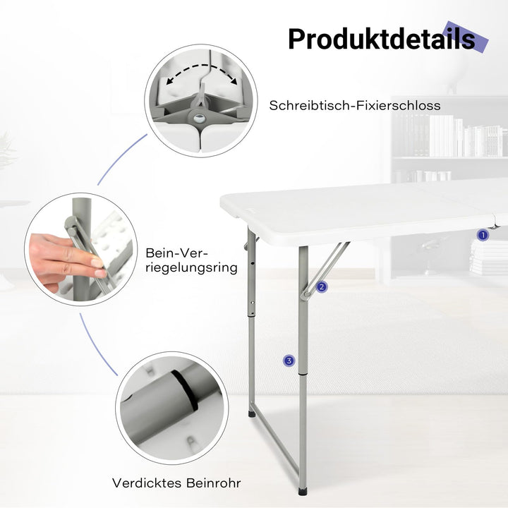 Klapptisch 120x60 cm höhenverstellbar HDPE klappbar tragbar Weiß - Bild 5