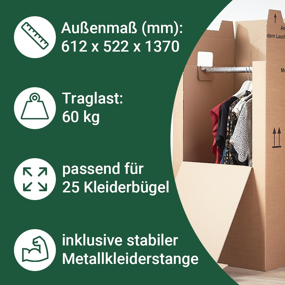 Kleiderbox Karton mit Metallstange 612x522x1370mm 2-wellig 3er-Set - Bild 4