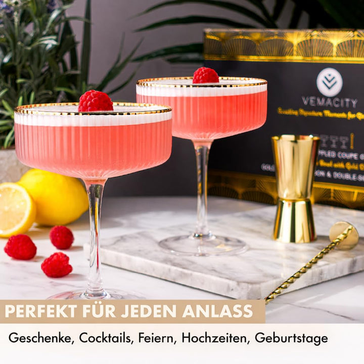 Cocktailgläser Set 4er geripptes Glas 300ml mit Goldrand &amp; Zubehör - Bild 4
