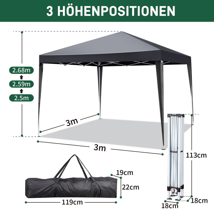 Faltpavillon 3x3m 420D Oxford mit 4 Seitenteilen Grau - Bild 3