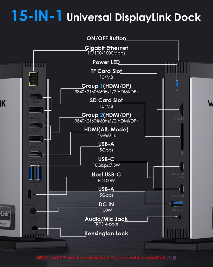 Docking Station 15-in-1 Triple Display 4K@60Hz USB-C für Laptop - Bild 2