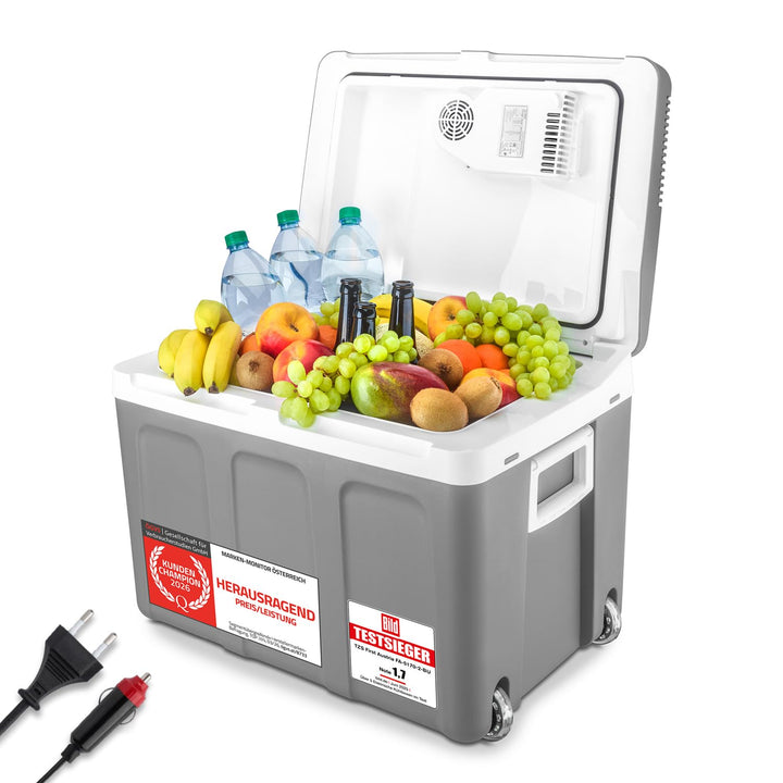 Elektrische Kühlbox 45L 12V/230V mit Rollen, kühlt &amp; wärmt