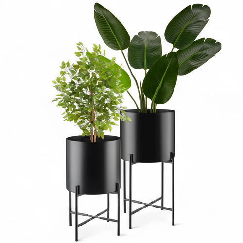 Pflanzenständer 2er-Set Metall Industrial Style schwarz mit Übertöpfen