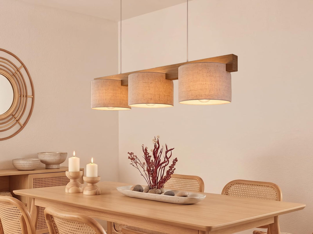 Pendelleuchte Holz Stoff 3-flammig 100cm breit Esszimmer - Bild 8