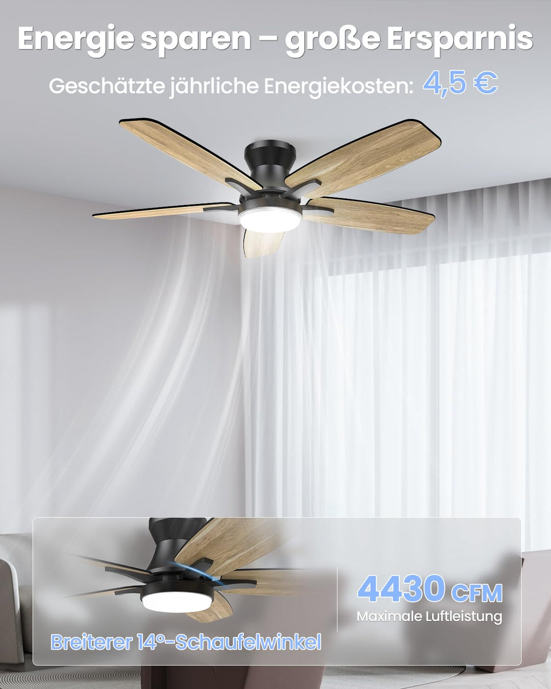 Deckenventilator mit LED-Licht 106 cm leise DC-Motor wendbare Flügel - Bild 2