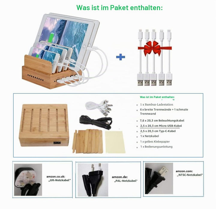 Ladestation 5-fach USB mit Bambus-Organizer und 5 Kabel - Bild 4