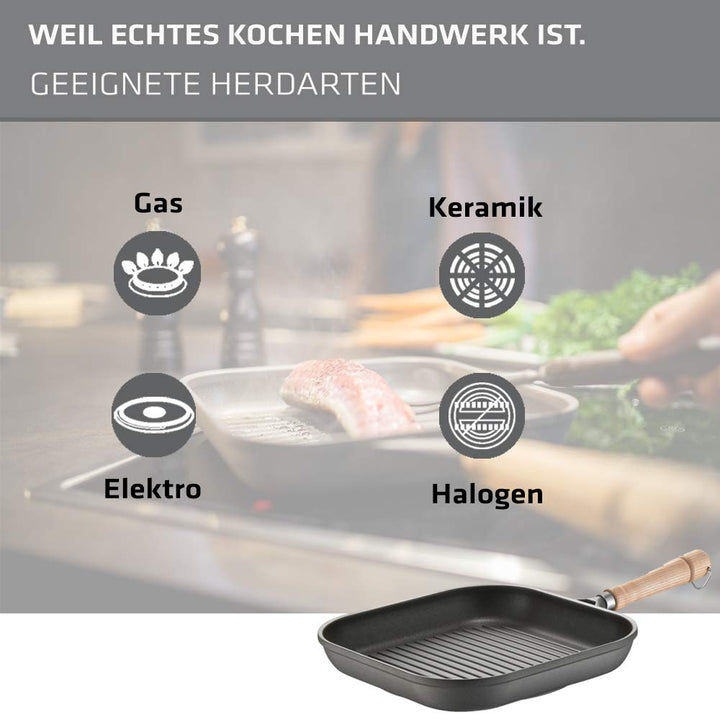 Grillpfanne Aluguss eckig 28x28 cm mit Holzstiel, antihaftversiegelt - Bild 2