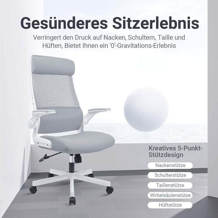 Bürostuhl Ergonomisch EN 1335 mit klappbaren Armlehnen Grau