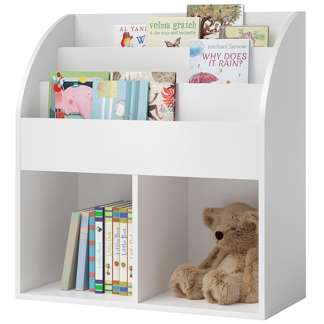 Kinderbücherregal Holz Weiss 3 Fächer mit 2 Ablagefächern Montessori