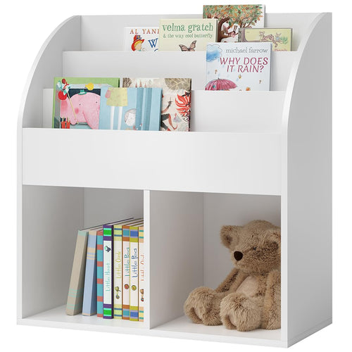Kinderbücherregal Holz Weiss 3 Fächer mit 2 Ablagefächern Montessori