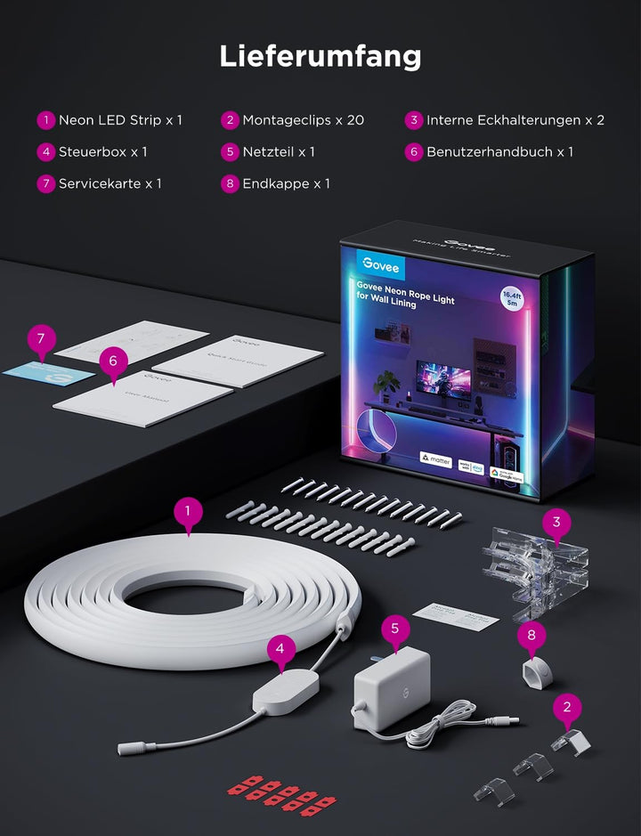 Neon LED Streifen RGBIC Sockelleiste 5m mit App &amp; Sprachsteuerung - Bild 8
