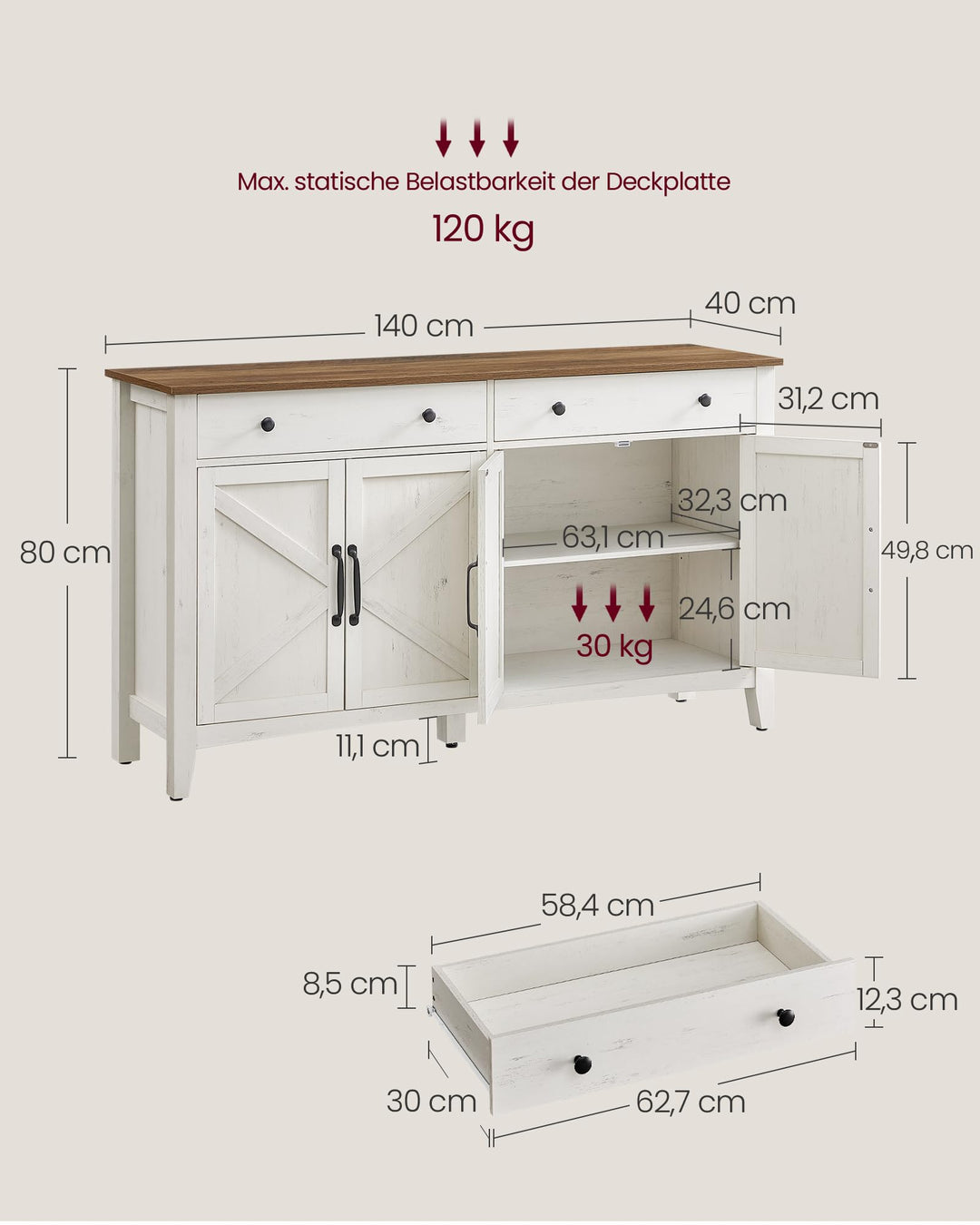 Sideboard mit 2 Türen und Schubladen Vintageweiß Honigbraun 140 cm - Bild 6