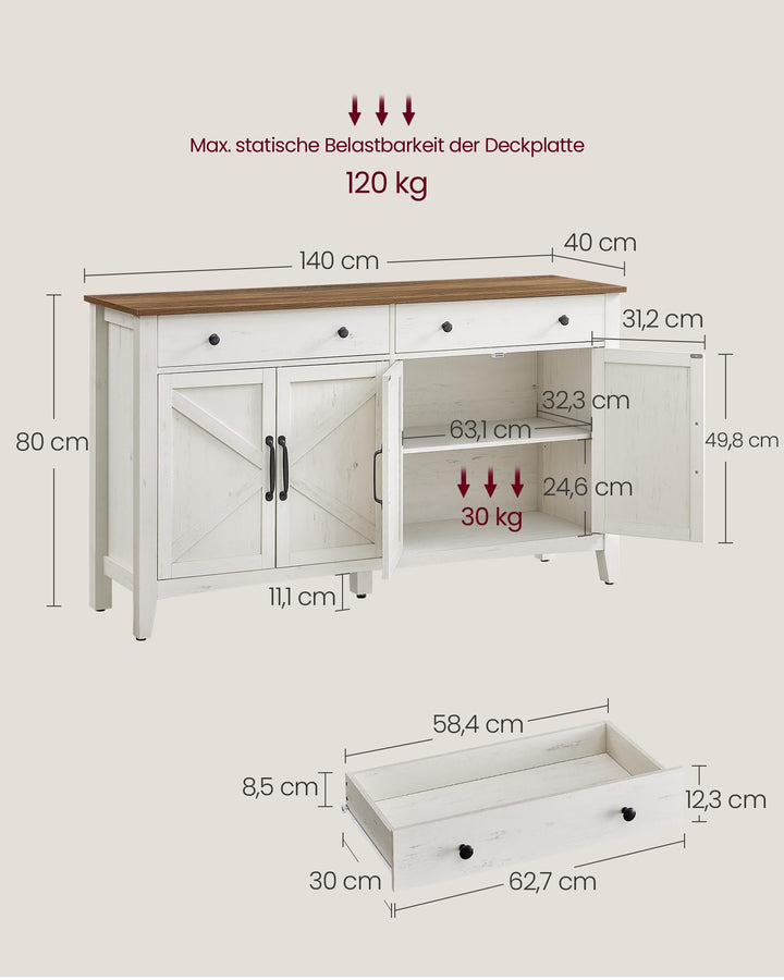 Sideboard mit 2 Türen und Schubladen Vintageweiß Honigbraun 140 cm - Bild 6