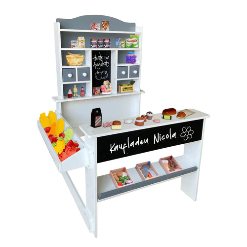 Kaufladen Kinder Holz mit Tafel und Schubladen grau MDF