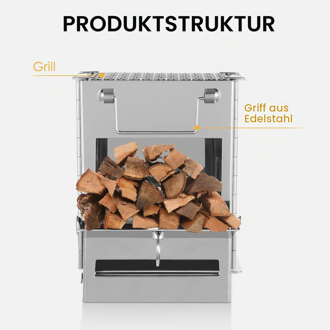 Camping-Holzofen Edelstahl 304 klappbar mit Grillnetz und Tasche - Bild 2